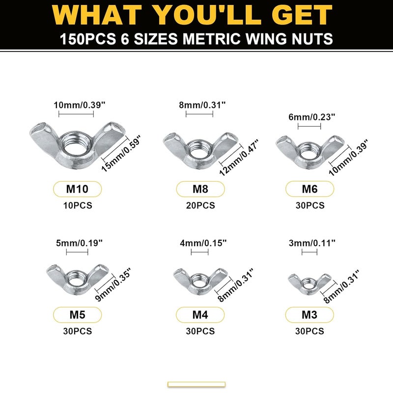 Siptenk Wing Nuts 300PCS, Metric & SAE Wingnuts 12 Assorted Sizes Carbon Steel Zinc Plated Butterfly Wing Nut M3-M10 6-32 to 3/8"-16 Fasteners Hardware Assortment Kit - Image 3